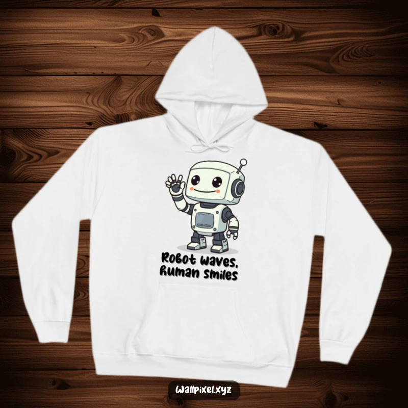 Funny hoodie showcasing a smiling pixelated robot waving with a digital arm, merging retro sci-fi aesthetics with cozy comfort.
