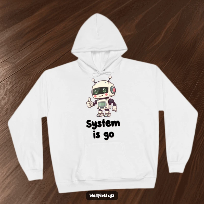 Funny hoodie featuring a pixel robot giving a thumbs up with its blocky hand, offering warmth and positive vibes.