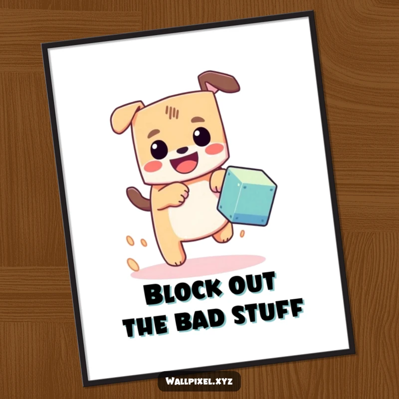 Funny Free Printable Wall Art: A blocky dog with a happy grin excitedly chases a bouncing pixel cube.