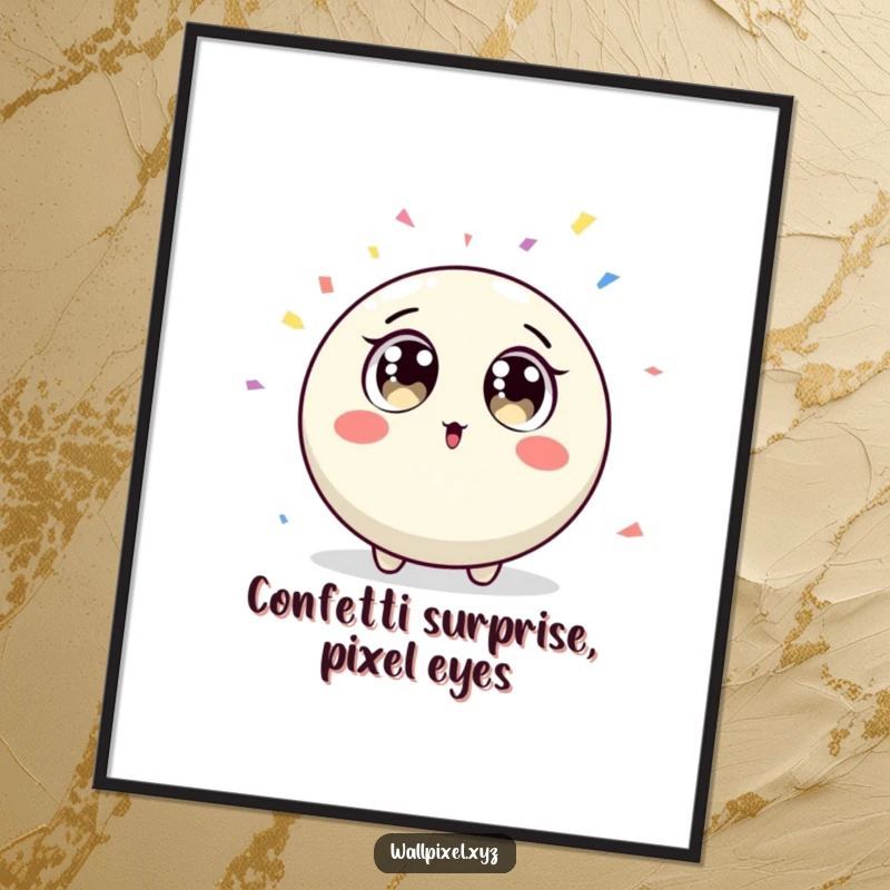 Funny Free Printable Wall Art with a surprised round pixel character with big eyes amidst falling confetti.