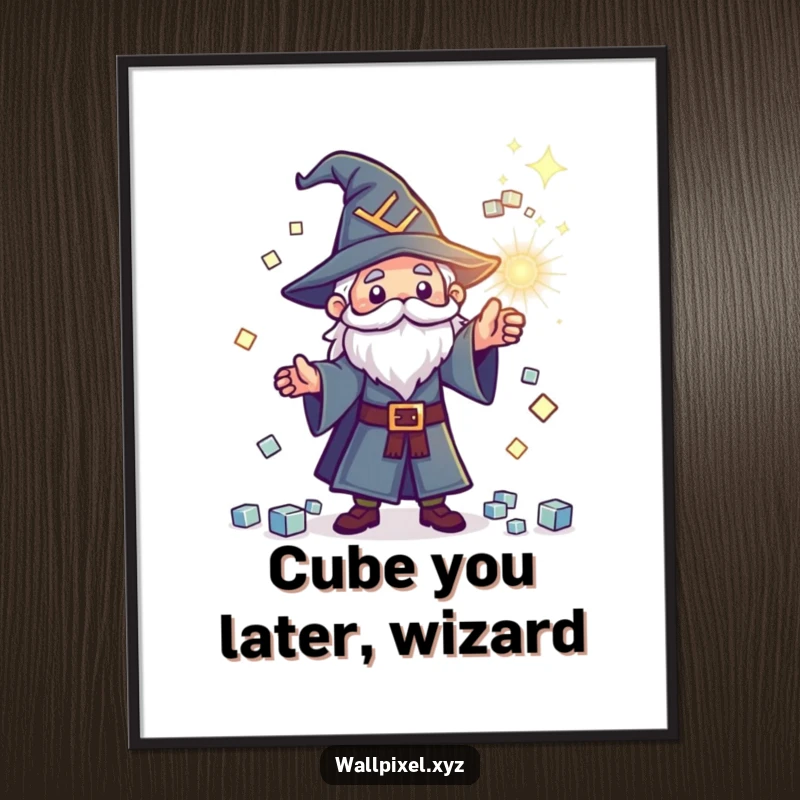 Funny Free Printable Wall Art: Tiny pixel wizard casting a spell, showering the area with sparkling cubes, humorous decor.