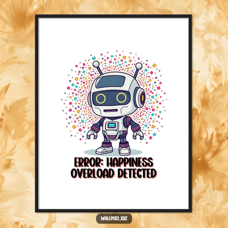 Funny Free Printable Wall Art: A retro robot character is comically surprised by a vibrant explosion of tiny, colorful pixels.