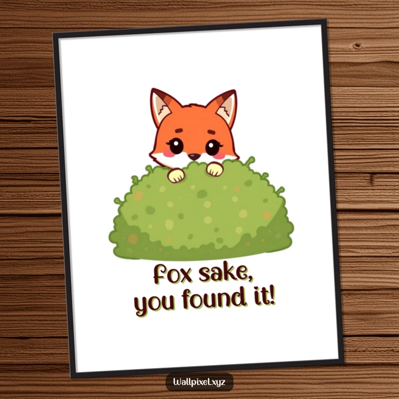 Funny Free Printable wall art depicting a blocky pixel fox curiously peeking from behind a vibrant pixelated bush, adding playful decor.