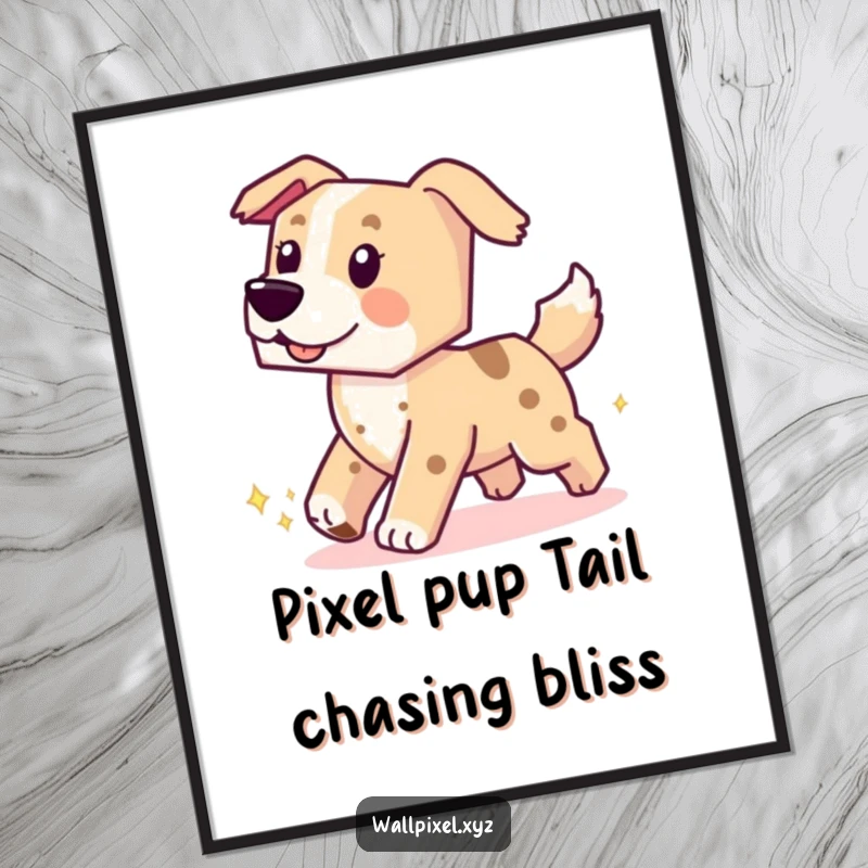 Funny Free Printable Wall Art: A blocky dog playfully chasing its tail in pixels.