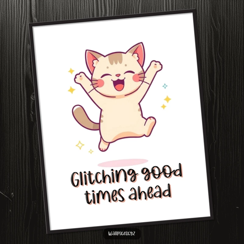 Free Printable Wall Art: A pixelated cat captured mid-leap, radiating digital sparkles for a cool, retro vibe.