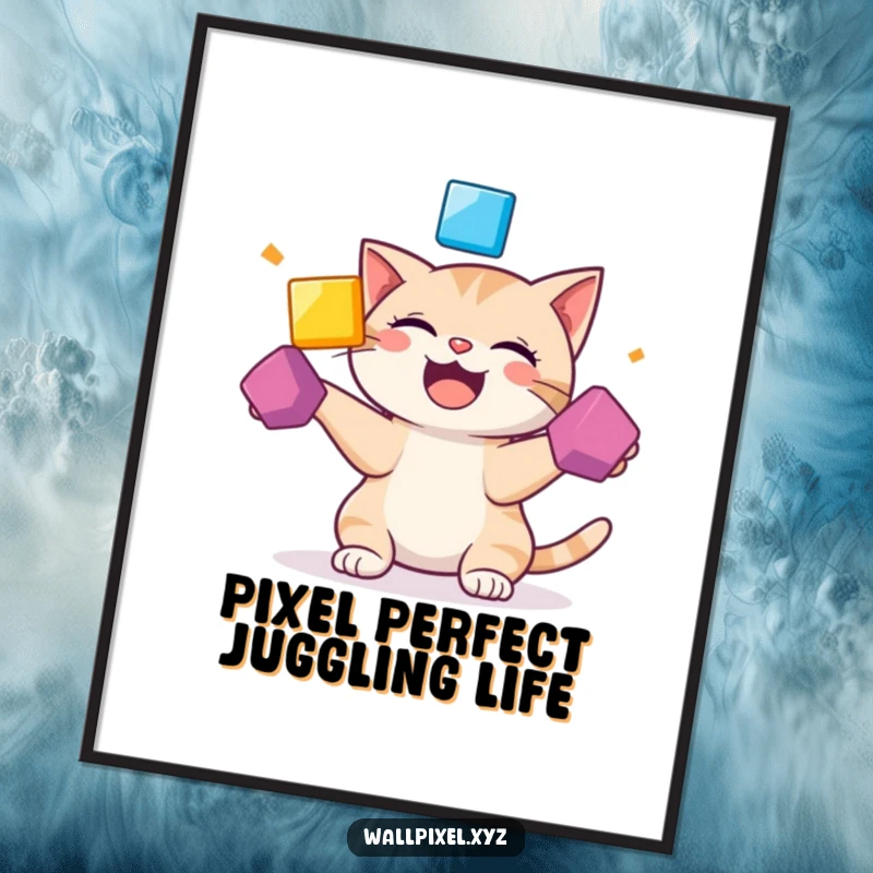 Funny Free Printable Wall Art: A pixelated cat playfully giggling while juggling bright squares.