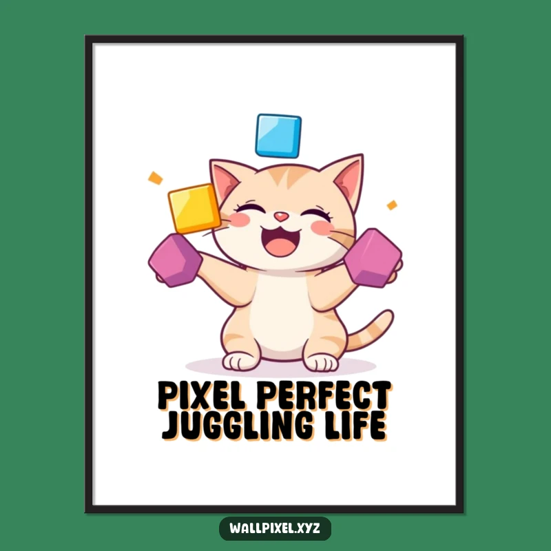 Free Printable Pixel Cat Juggling Art - Funny Downloadable Decor