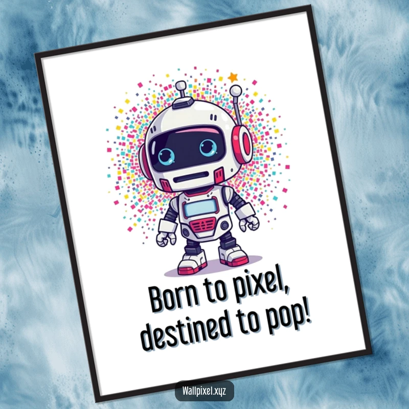 Funny Free Printable Wall Art: Retro robot stunned by a vibrant explosion of colorful pixels, unique decor.