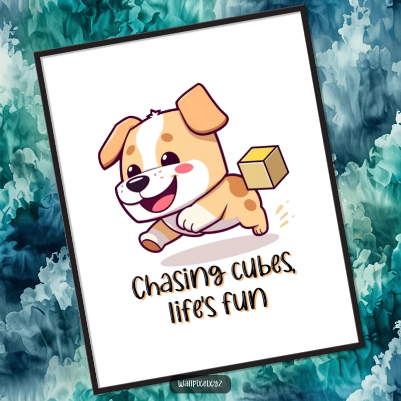 Funny Free Printable Wall Art: Blocky dog with a grin chases a bouncing pixel cube. Retro downloadable decor.