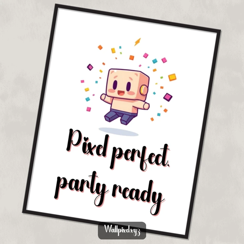 Funny Free Printable Wall Art: A blocky video game character dodging a shower of vibrant pixelated confetti, adding retro charm.