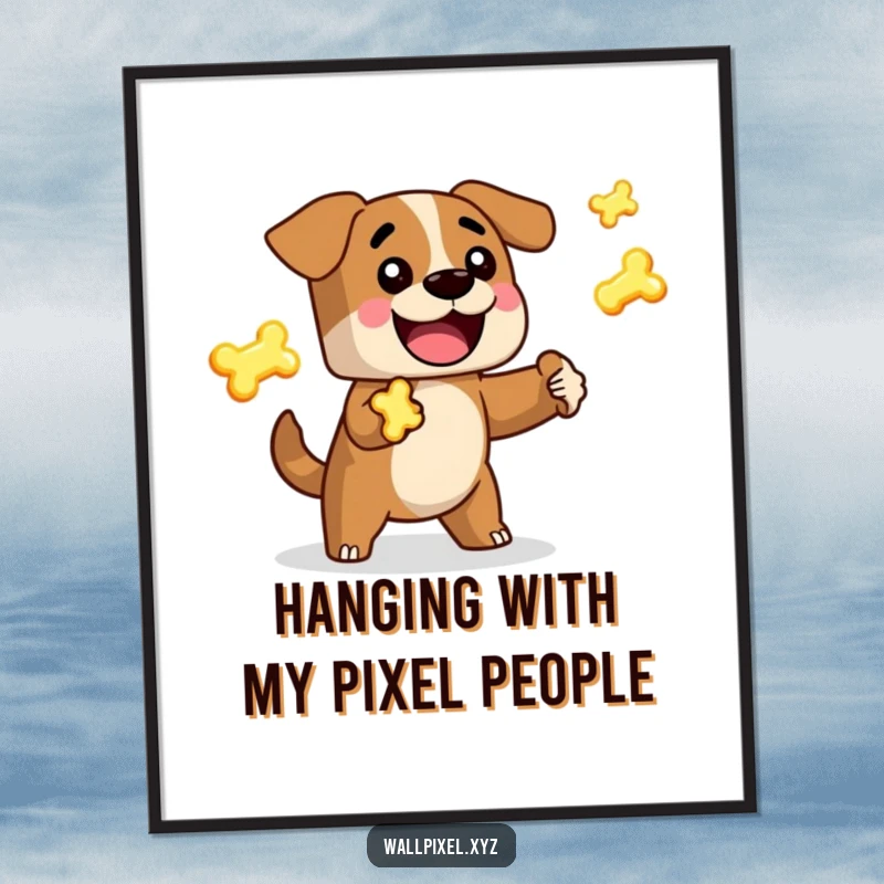 Funny Free Printable Wall Art: Blocky dog character joyfully juggling glowing pixelated bones, retro gamer style.