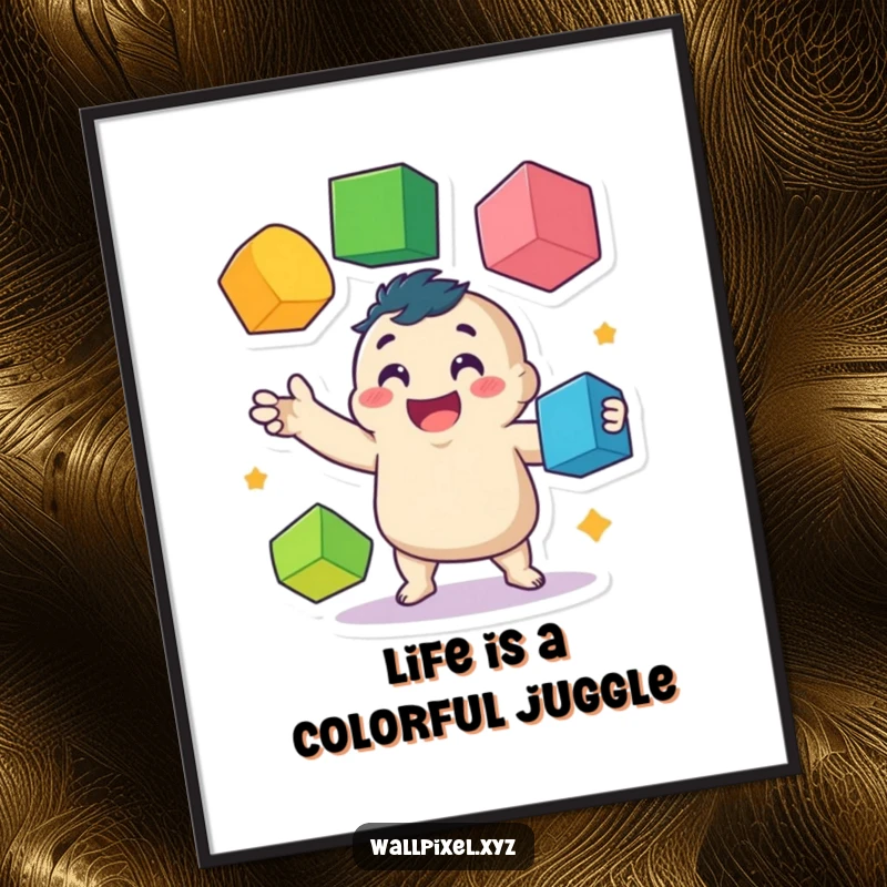 Funny Free Printable Wall Art: A dynamic, wobbly pixelated character joyfully juggles colorful cubes, creating a playful and vibrant art piece.