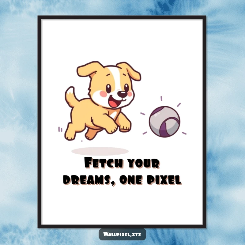 Funny Free Printable Wall Art: A pixelated dog enthusiastically chases a bouncing pixel ball, adding playful decor.