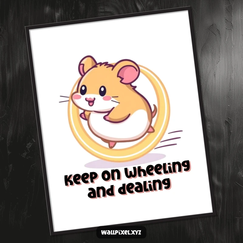 Funny Free Printable Wall Art: Pixelated hamster character energetically running on a bright, glowing wheel, retro style.