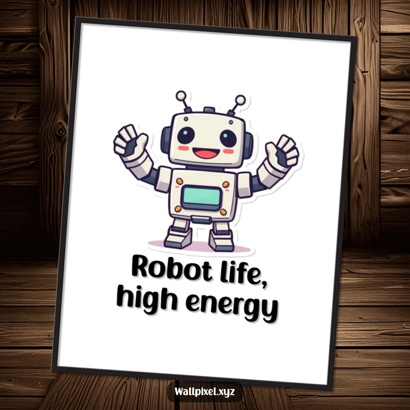 Funny Free Printable Wall Art: Cheerful pixel robot waves its blocky arms energetically. Retro downloadable decor.