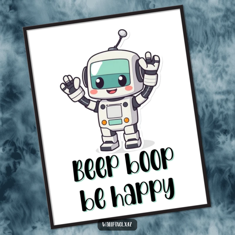 Funny Free Printable Wall Art: A cheerful pixel robot waves its blocky arms energetically, adding fun to your walls.