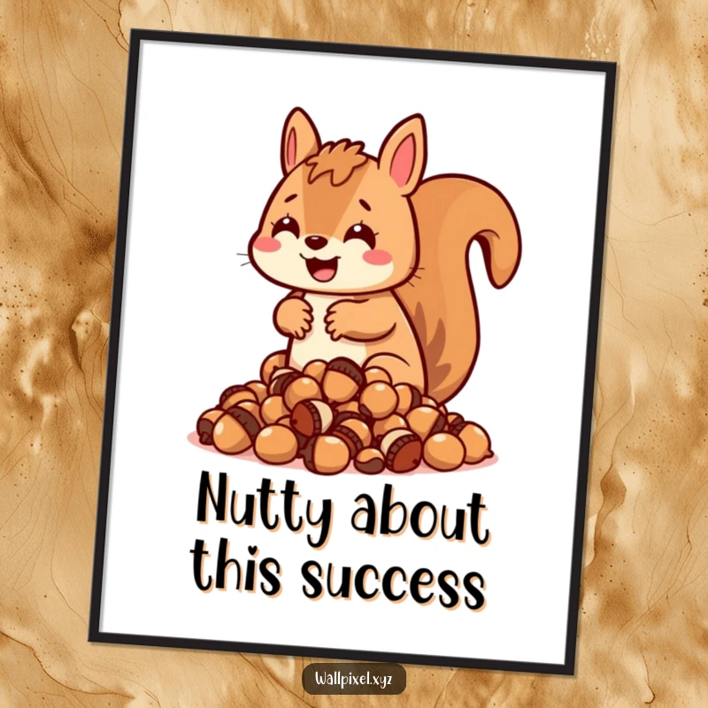 Funny Free Printable Wall Art: Blocky pixel squirrel excitedly hoarding an enormous pile of pixel acorns, humorous DIY decor.