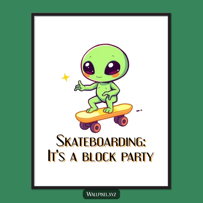 Free Printable Wall Art: Pixelated Alien Skater Winks, Retro Gaming Downloadable Decor