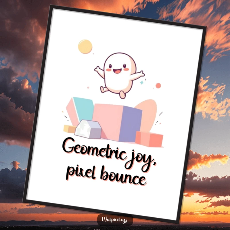 Funny Free Printable Wall Art featuring a smiling pixel figure bouncing happily on colorful geometric shapes.