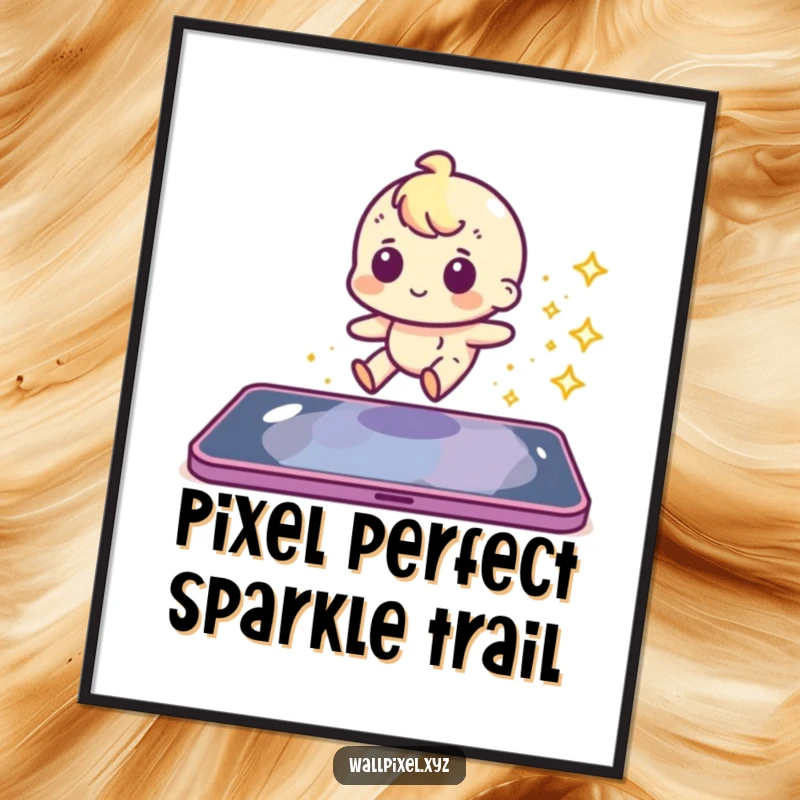 Funny Free Printable Wall Art depicting a pixel character sliding across a digital screen with sparkles.