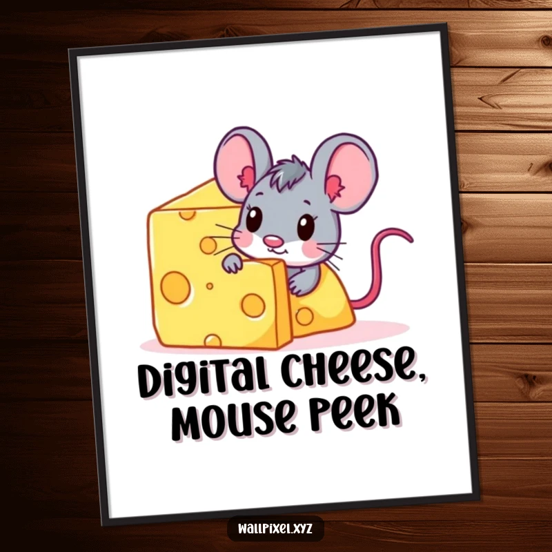 Funny Free Printable Wall Art featuring a pixel mouse character peeking from behind a giant digital cheese block.