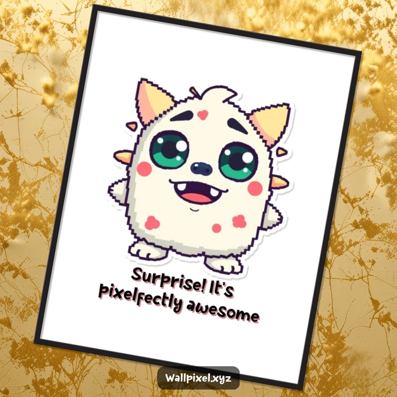 Funny Free Printable Wall Art: A pixelated monster character with exaggeratedly wide, blocky eyes, conveying a comical expression of surprise.