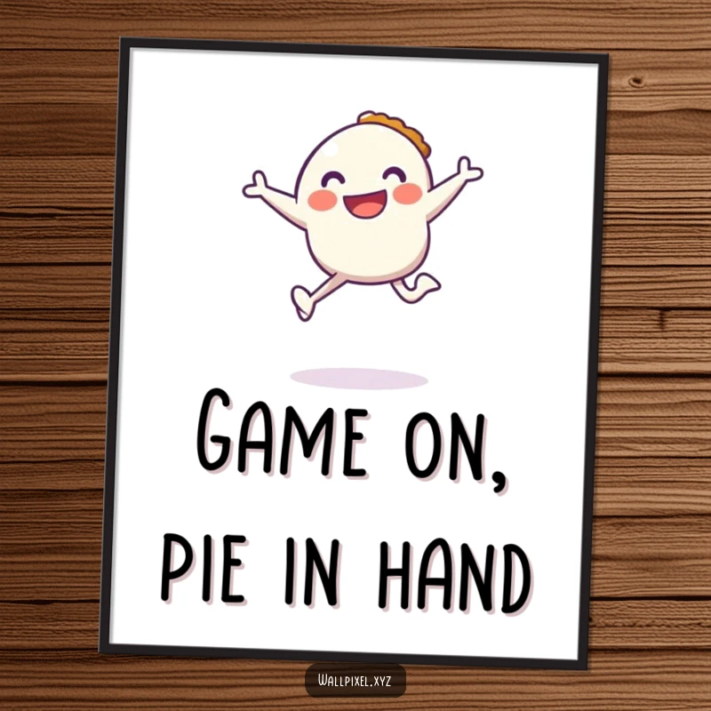 Funny Free Printable Wall Art: A smiling pixel character jumps high with a pixelated pie, embodying fun and retro gaming vibes.