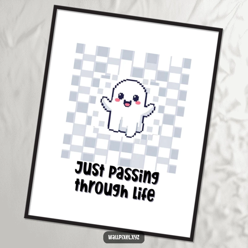 Funny Free Printable Wall Art: A classic pixel ghost character joyfully breaking through a black and white checkerboard pattern.