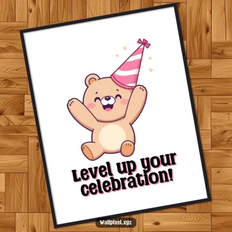 Funny Free Printable Wall Art: Pixelated bear joyfully tossing a party hat, vibrant retro decor.