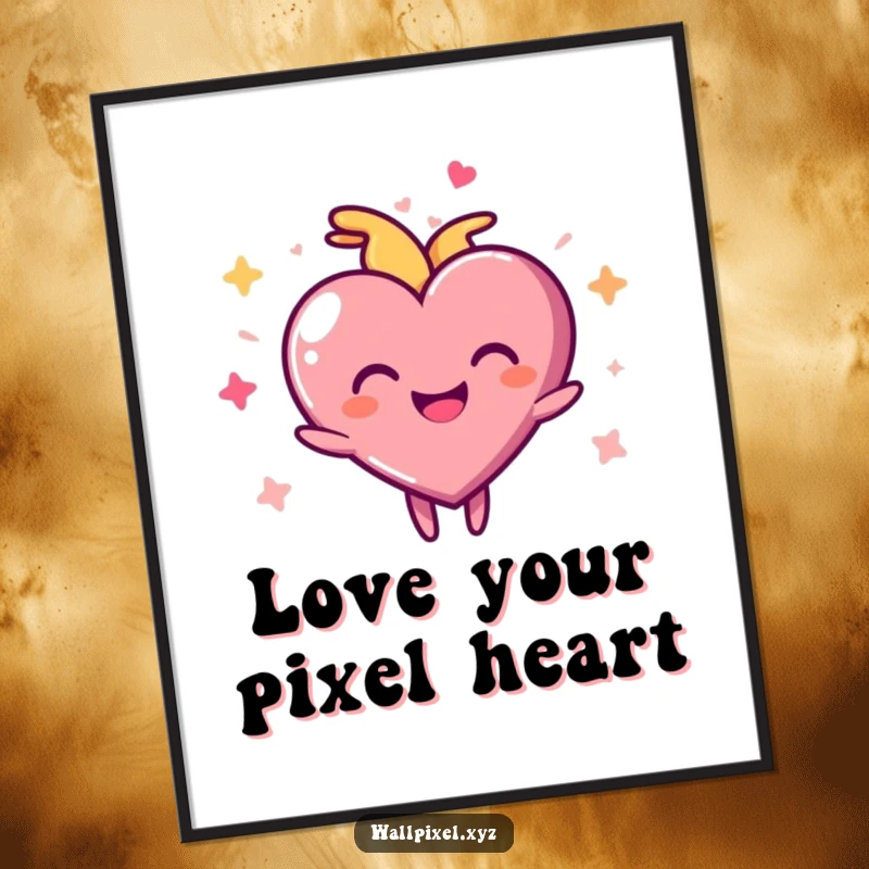 Funny Free Printable Wall Art of a pixelated heart character pulsing with infectious joy, adding a vibrant touch.