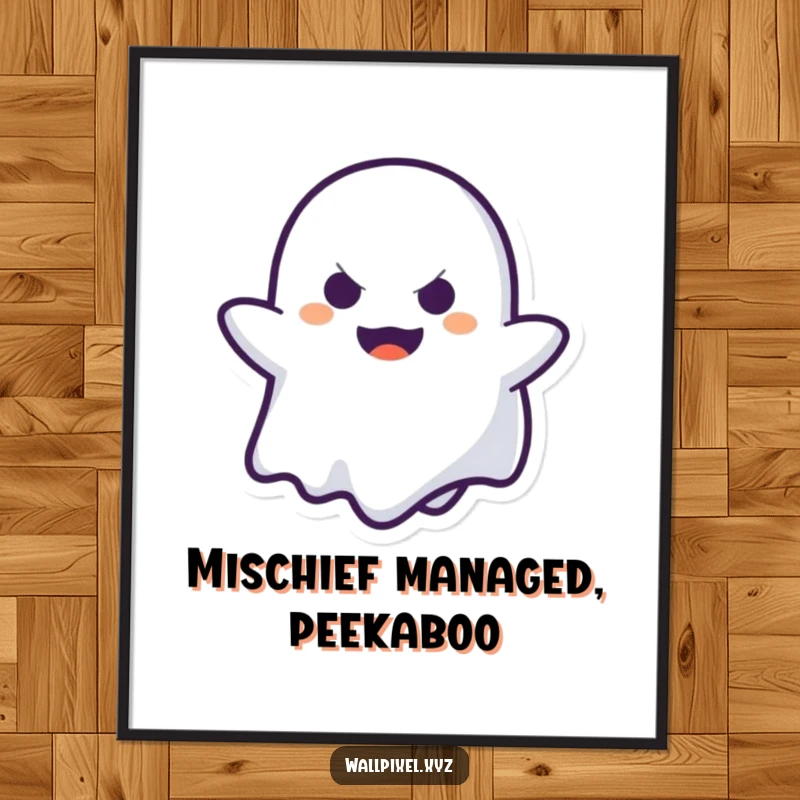 Funny free printable wall art, a pixelated ghost character with a mischievous face playing peek-a-boo, retro design.