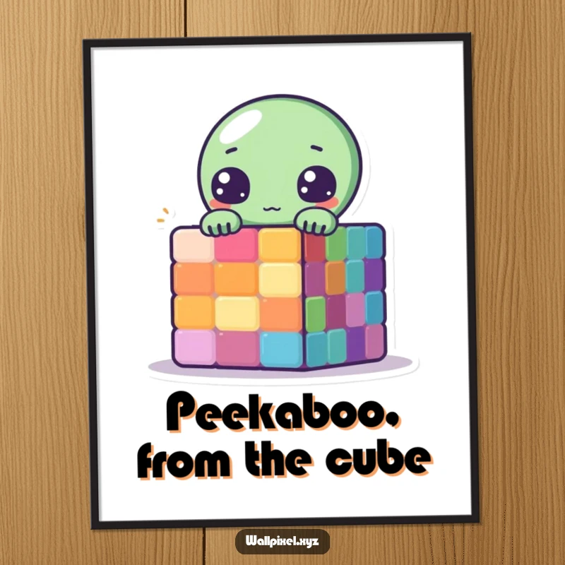 Funny free printable wall art of a cute pixelated alien peeking from behind a colorful pixelated cube, adding retro charm.