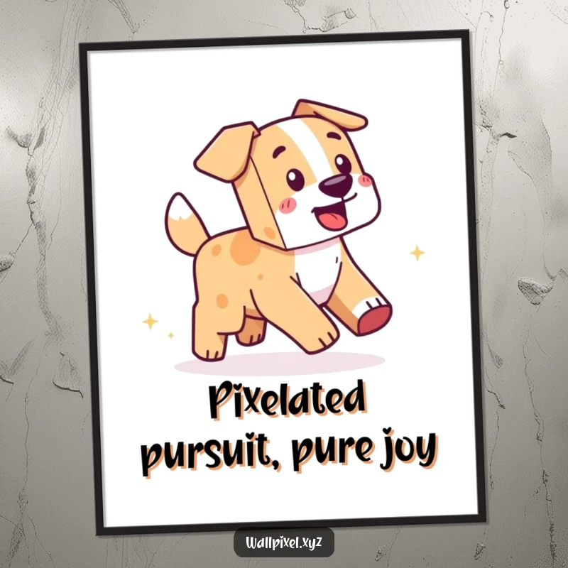 Funny Free Printable Wall Art: A blocky dog joyfully chases its tail, leaving a vibrant trail of sparkling pixels.