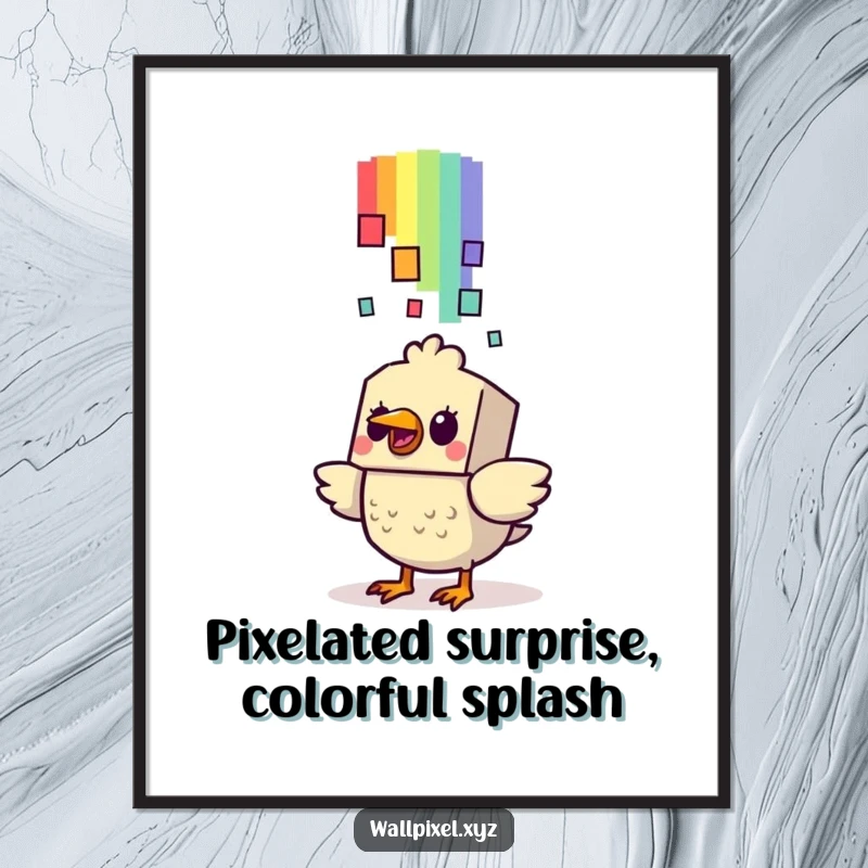 Funny free printable wall art, a blocky bird character looking startled by a falling pixelated rainbow, retro design.