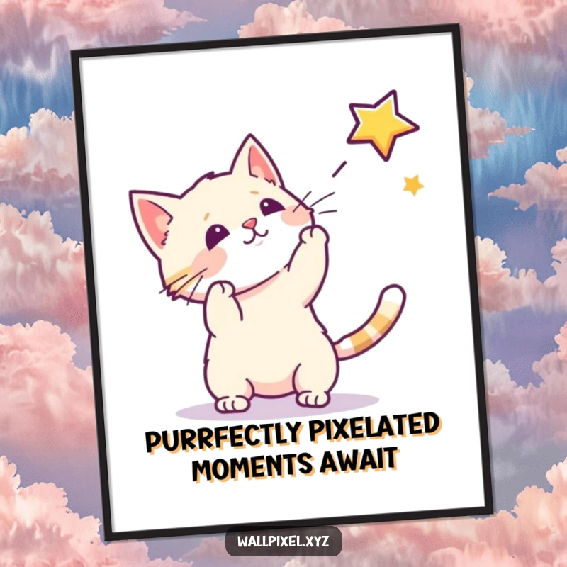 Funny Free Printable Wall Art: Pixelated cat playfully batting at a floating pixelated star against a retro background.