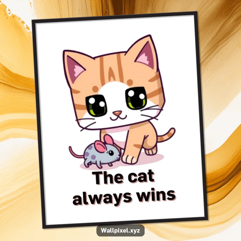 Funny Free Printable Wall Art: A blocky pixel cat with comically large eyes intently chasing a small pixelated mouse.