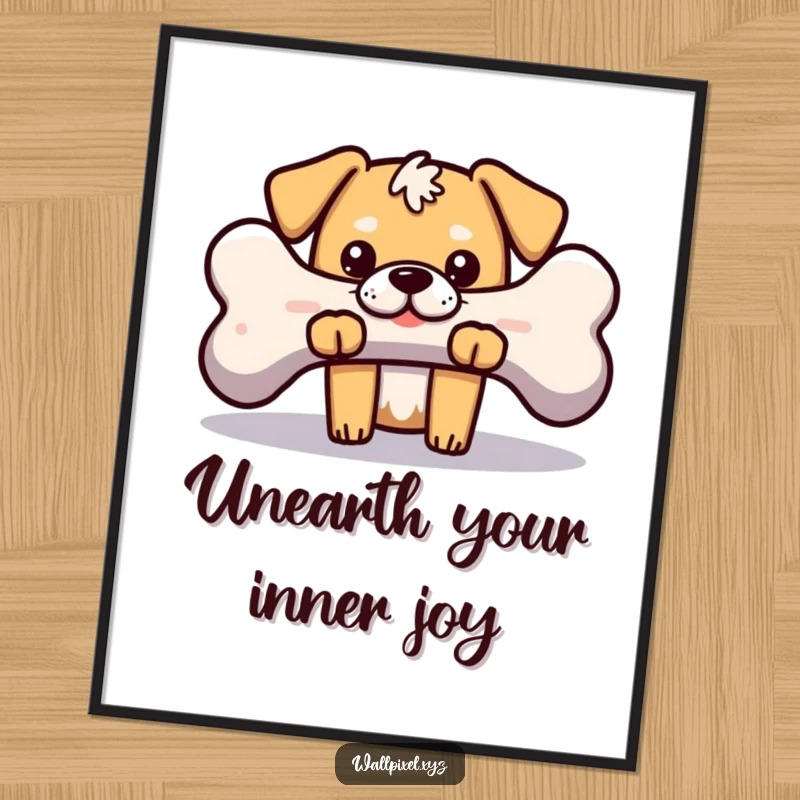 Free Printable Wall Art: A blocky dog with a mischievous grin peeking from behind a giant pixelated bone.