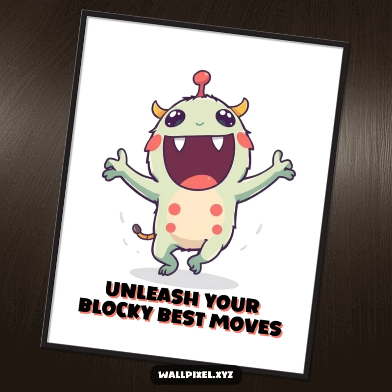 Funny Free Printable Wall Art: An excited pixelated monster grooving with its tiny, flailing blocky arms.