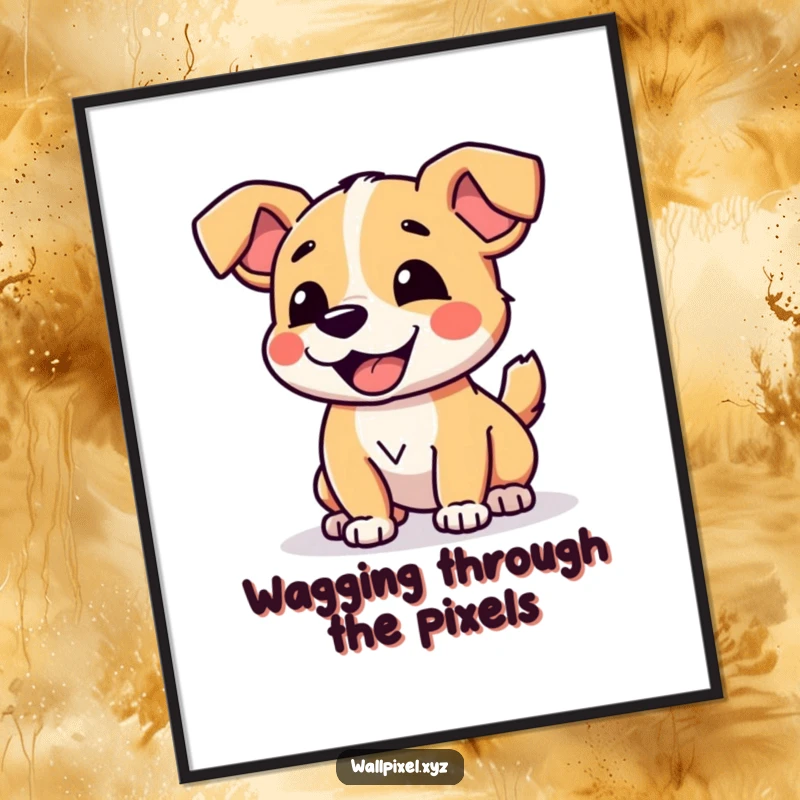 Funny free printable wall art of a charming pixelated dog joyfully wagging its blocky tail, bringing retro vibes.
