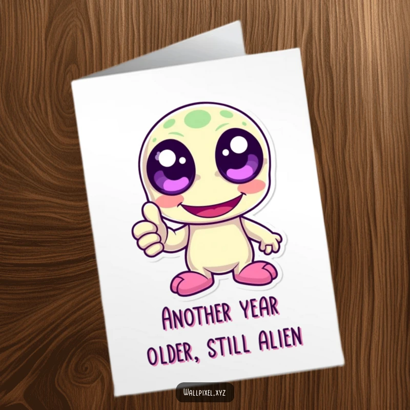Funny Free Printable Birthday Card: Pixel alien with big eyes laughs heartily, giving a pixelated thumbs up, perfect for gamer friends.