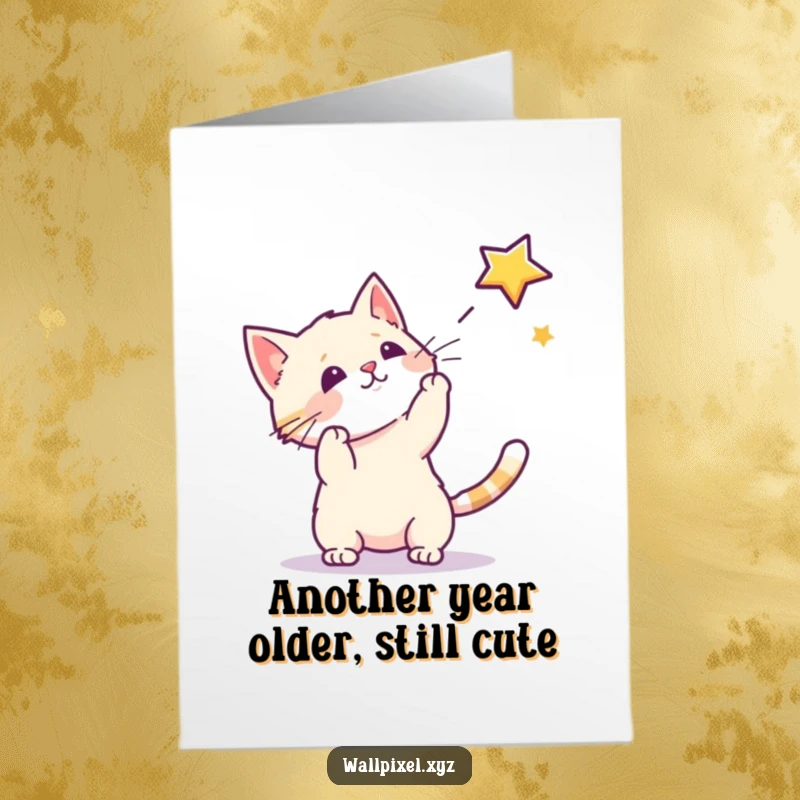 Funny Free Printable Birthday Card: Pixel cat leaping joyfully to catch a glowing pixel star, game-style.