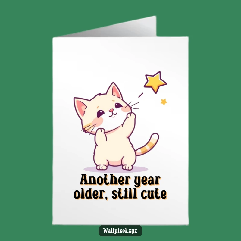 Free Printable Birthday Card: Pixel Cat Star Chase Funny Downloadable Gift