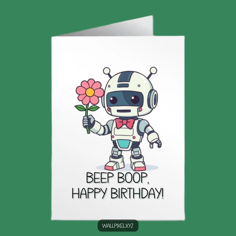 Free Printable Birthday Card: Retro Robot Offers Pixel Flower & Bow
