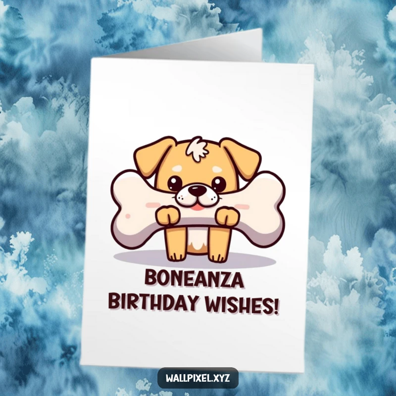 Free Printable Birthday Card: A blocky dog hilariously peeking from behind a giant pixelated bone, ready for cake.