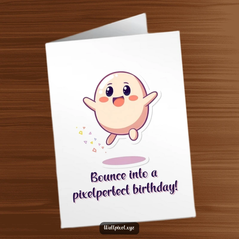 Funny Free Printable Birthday Card: Pixelated blob character bounces with joy, leaving a trail of bright colorful pixels.