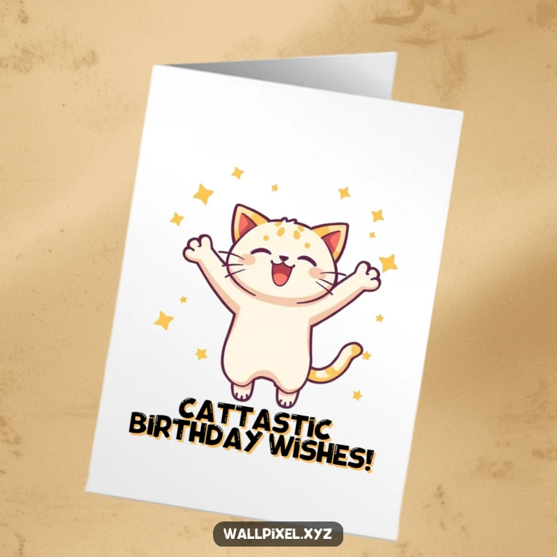 Funny Free Printable Birthday Card: Pixelated cat leaps joyfully amongst stars, celebrating a birthday. Print at home.