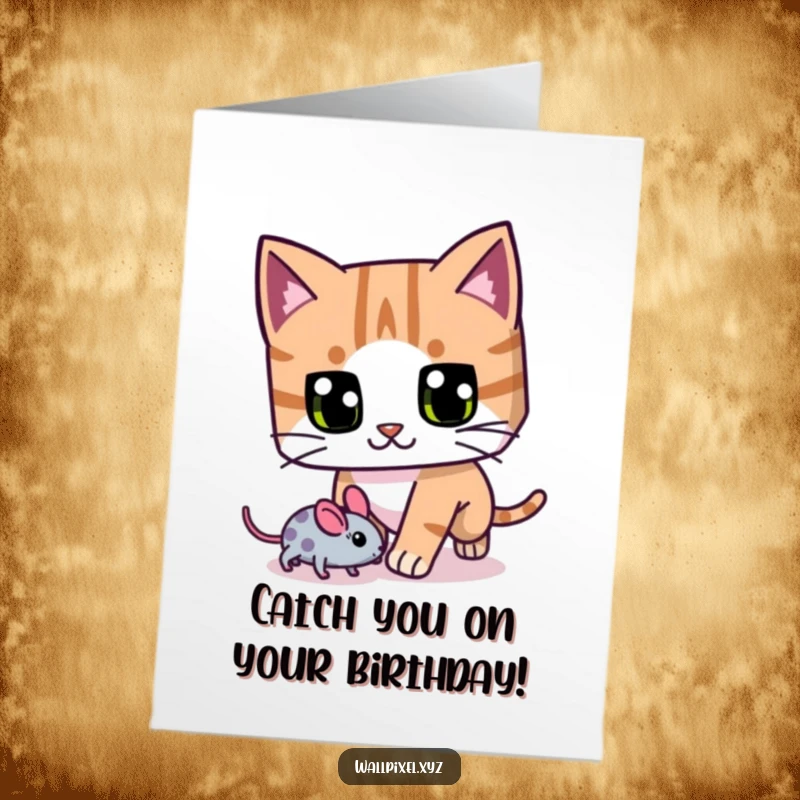 Funny Free Printable Birthday Card: A blocky cat with big pixel eyes comically chasing a tiny pixelated mouse.