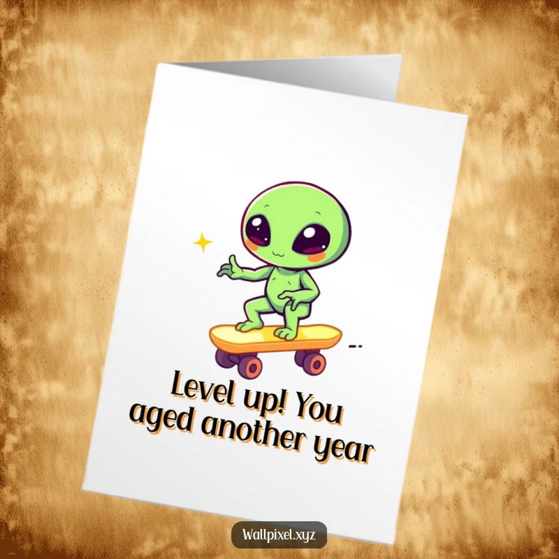 Funny Free Printable Birthday Card: Pixelated alien winking while skateboarding on glowing blocks, perfect for gamers.