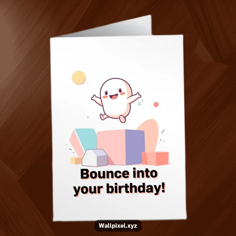 Funny Free Printable Birthday Card with a smiling pixel figure bouncing joyfully on geometric shapes.