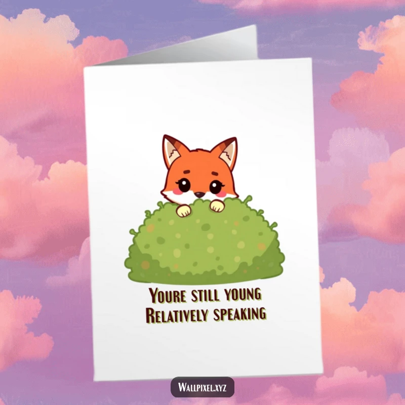 Funny Free Printable birthday card featuring a blocky fox peeking mischievously from behind a pixelated bush, ready to deliver birthday cheer.
